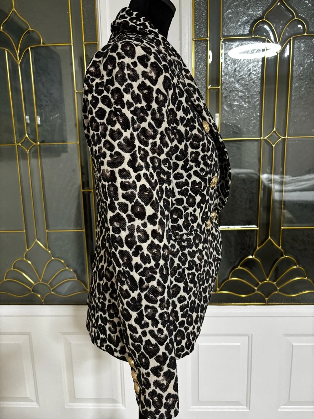 Boston Proper Brown & White Leopard Double-Breasted Blazer